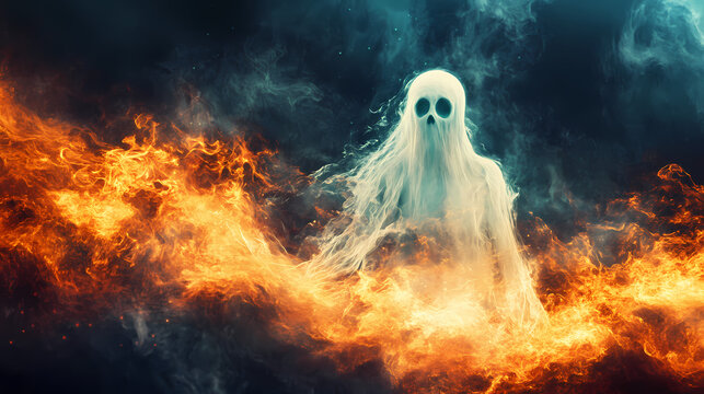 Ethereal apparition: a ghostly presence in the fiery depths. Dreamlike Ephemeral Apparition. Illustration