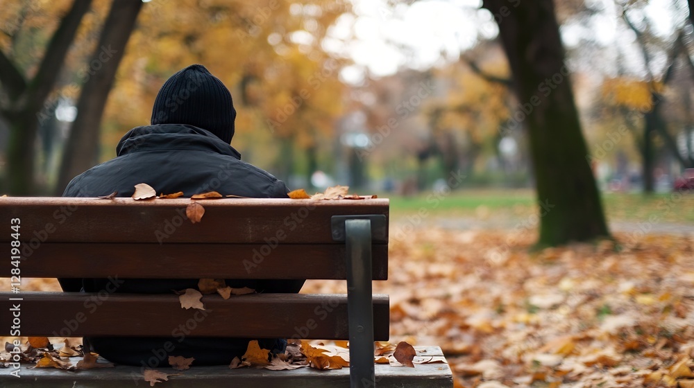 Aufkleber a solitary figure enjoying the fall colors while seated on a bench surrounded by autumn leaves : gen