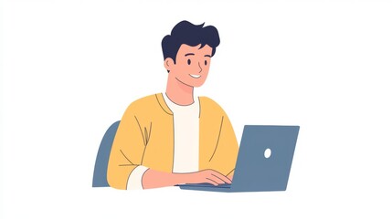 Smiling Young Man Working on a Laptop in Yellow Jacket on White Background