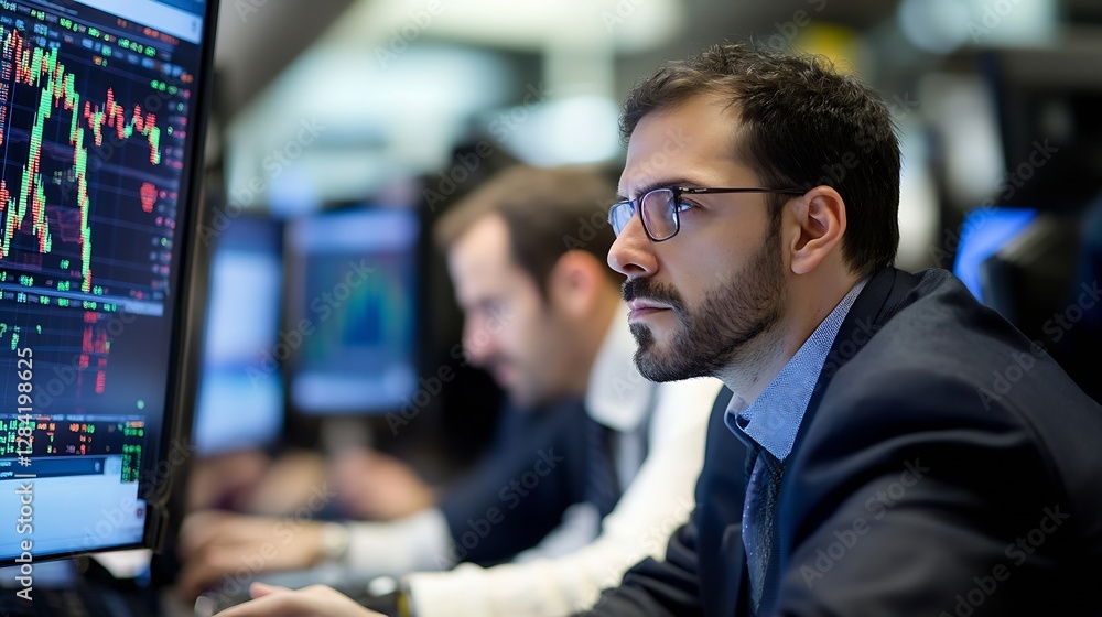 Poster Focused trader analyzing stock market trends on multiple screens with data visualizations : Generative AI