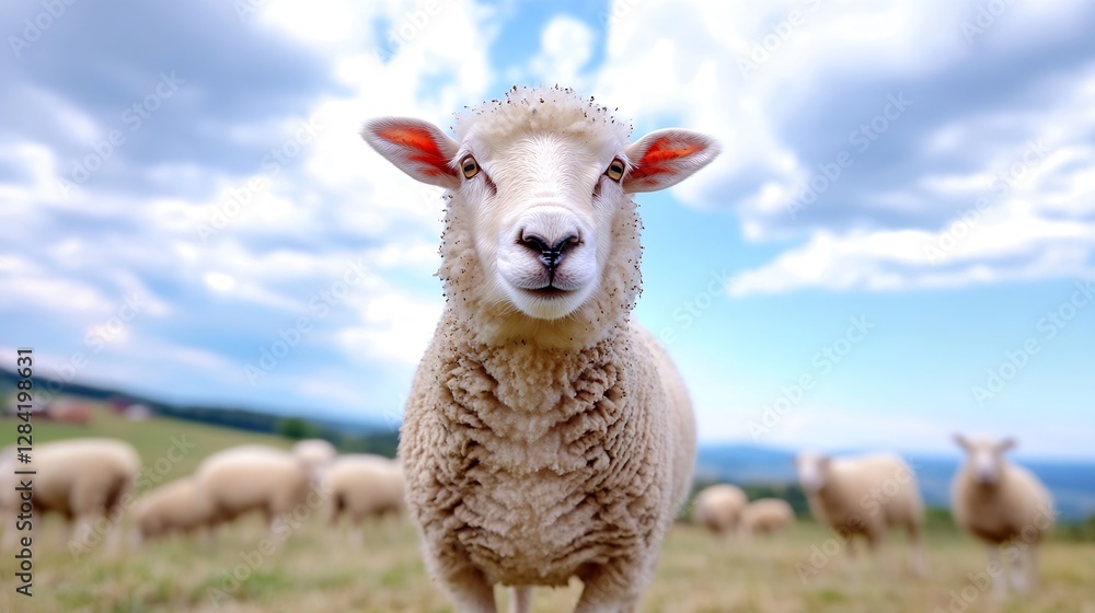 Poster Curious sheep looking directly at the camera surrounded by grassy fields and a beautiful sky : Generative AI