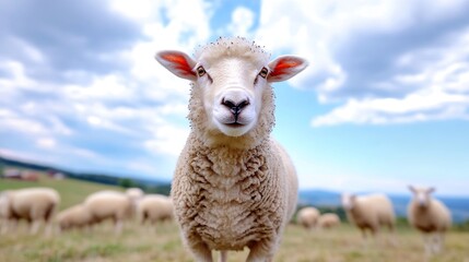 Curious sheep looking directly at the camera surrounded by grassy fields and a beautiful sky : Generative AI