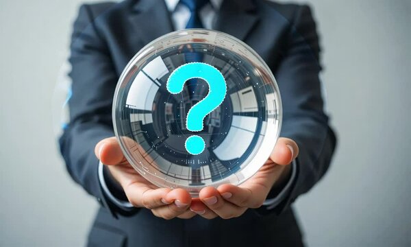 A businessman holding a glowing crystal ball with a question mark inside, symbolizing uncertainty and decision-making. Concept of mystery and future prediction