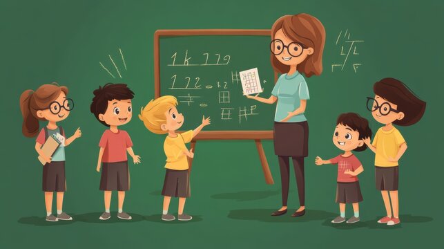 Teacher Explaining Lesson to Elementary Students in Cartoon Classroom with Blackboard