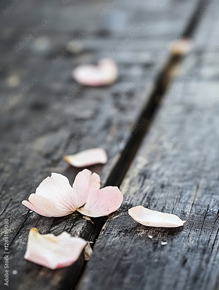 Poster delicate cherry blossom petals scattered on a rustic wooden surface creating a serene atmosphere : g