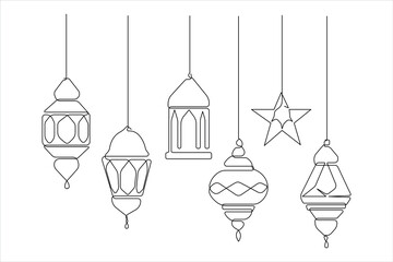 Islamic decoration design Ramadan Kareem continuous one line art drawing and Eid Mubarak vector
