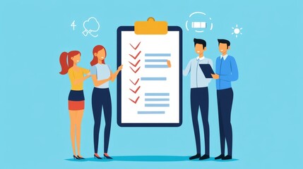 Team Reviewing Checklist on Clipboard in Blue and White Business Environment