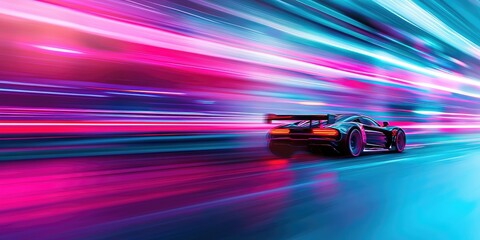 Fototapeta premium A sleek racing car speeds through a vibrant, colorful backdrop of lights, creating a dynamic sense of motion and energy.