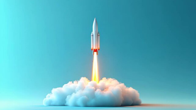 Rocket launching from cloud, emitting bright orange flames, against soft blue background