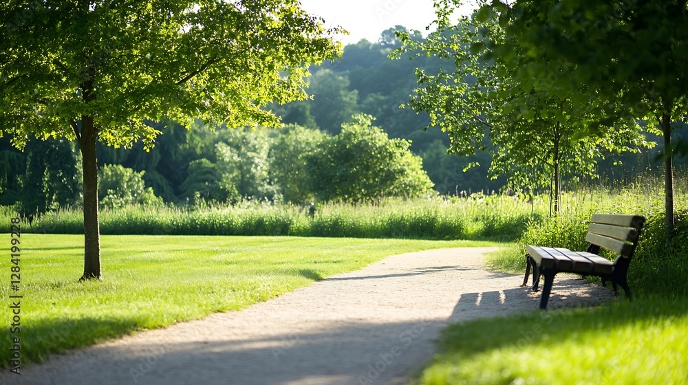 Poster serene park pathway with a wooden bench shaded by trees inviting peaceful relaxation and contemplati