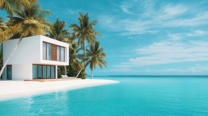 Fototapeta premium Minimalist beachfront villa surrounded by palm trees, Residential Real Estate Luxury Properties Housing Demand, tropical luxury escape