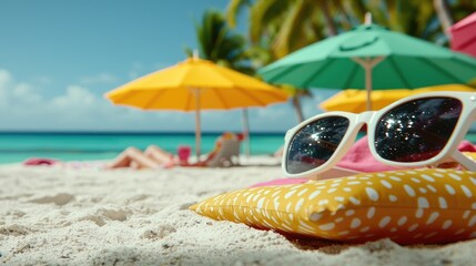 Tropical beach sunglasses, relaxing vacation,  ocean view, summer travel