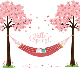 A vibrant hammock nestled between blossoming cherry trees in a peaceful spring setting featuring flat vector art with a cheerful atmosphere
