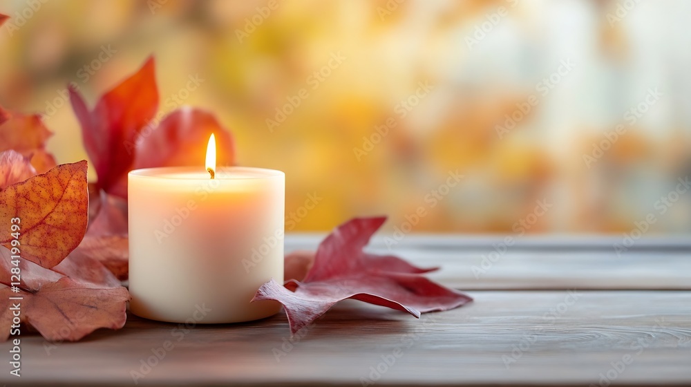 Poster warm candle glowing beside autumn leaves on a wooden surface creating a cozy and inviting atmosphere