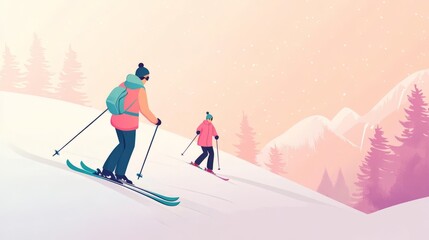 Two People Skiing Downhill in Winter Landscape with Snow Covered Mountains