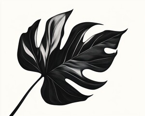 Black monstera leaf, isolated, white background, botanical art, design element