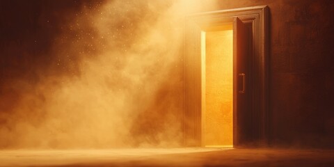 A glowing door opens into a misty space, creating an ethereal atmosphere filled with light and mystery.
