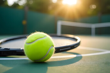 Tennis rackets and tennis balls on the tennis court. In the evening, the orange glow of the sun shines