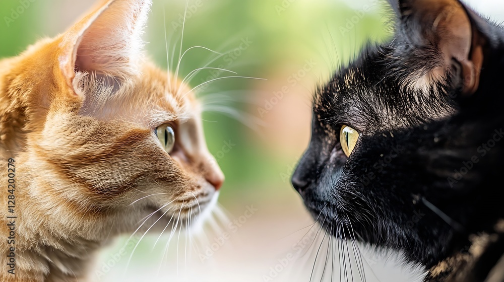 Poster two beautiful cats gazing intently at each other showcasing their colorful fur patterns : generative
