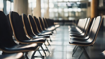 Modern and Stylish Waiting Area with Rows of Comfortable Black Chairs in a Bright Space : Generative AI