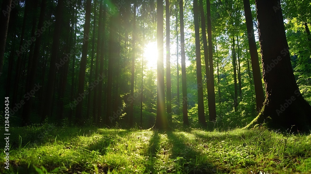 Poster Sunlight Filtering Through Tall Trees in a Lush Green Forest Creating a Peaceful Atmosphere : Generative AI