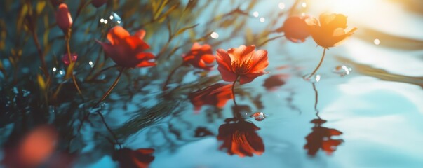 Vibrant red flowers floating on tranquil water surface at sunset with gentle sunlight reflection