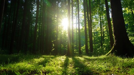 Obraz premium Sunlight Filtering Through Tall Trees in a Lush Green Forest Creating a Peaceful Atmosphere : Generative AI