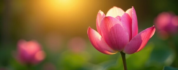 Fototapeta premium Soft pink petals unfolding in warm golden light, morning dew, peaceful scene