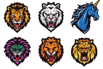 Illustration of colorful animal heads and logos