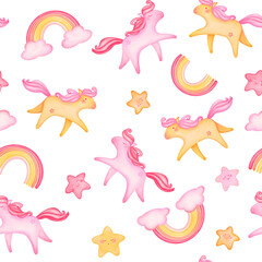 Obraz premium Cute watercolor seamless pattern with fluffy clouds, stars, ponies and rainbows for baby shower, nursery, wrapping paper, kids room, birthday, invitation and dreamy designs