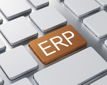 A close-up view of a modern minimalist keyboard with a custom orange key labeled "ERP," symbolizing the concept of enterprise resource planning and business management software.