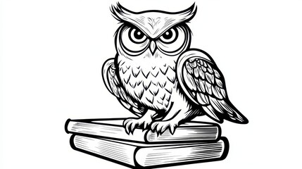 Black and White Owl Illustration Perched on Stack of Books