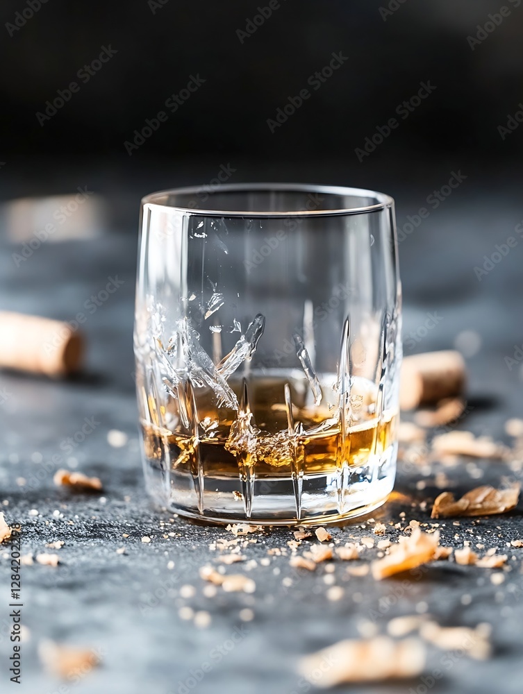 Poster close up view of a glass filled with amber whiskey surrounded by corks and wood shavings : generativ