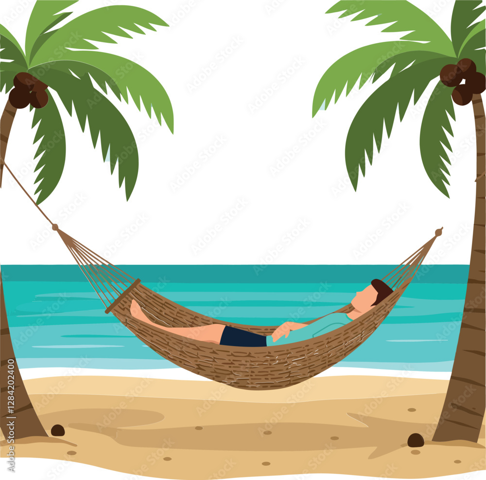 Aufkleber relaxing person in a hammock between two palm trees on a sandy beach in a flat design vector art