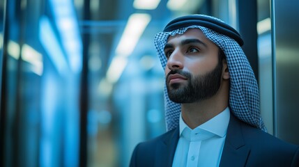 A businessman of Arab descent stands poised inside an elevator, reflecting deeply as he gazes out the window. The ambient light enhances the sleek interior, hinting at a busy day