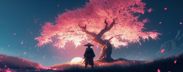 Obraz premium Silhouette of samurai under vibrant pink cherry blossom with moonlit sky