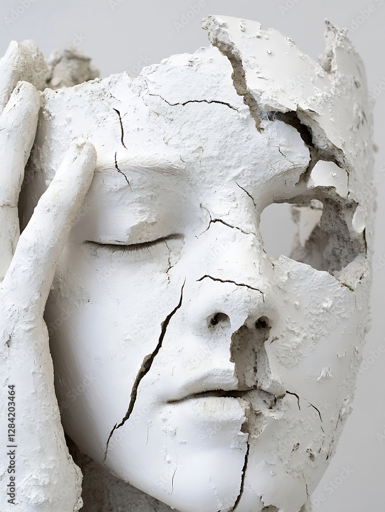 Poster artistic representation of a cracked sculptural face expressing emotion : generative ai