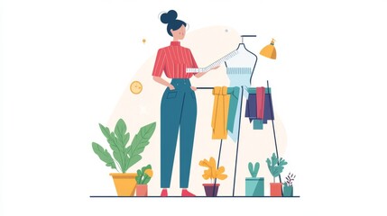 Woman Selecting Clothes on Rack in Bright Interior Design with Potted Plants