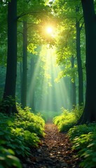 Obraz premium Soft sunlight filtering through a forest canopy, calm, serenity, greenery