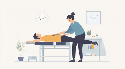 Fototapeta premium Woman Therapist Treating Man Lying on Therapy Bed with Light Gray Background at Clinic