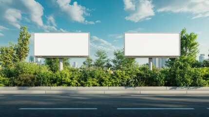 Two blank billboards in green park landscape with blue sky and clouds