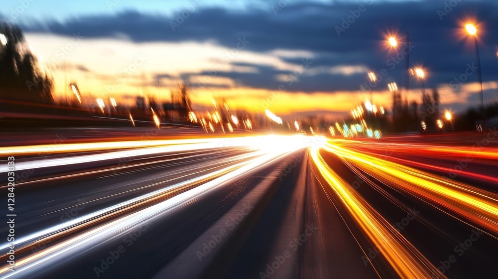 Poster dynamic light trails on a busy city road during twilight showcasing motion and energy : generative a