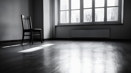 Fototapeta premium A solitary wooden chair bathed in sunlight creates a tranquil atmosphere in an empty room : Generative AI