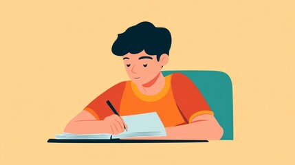 Young Boy Writing in Notebook at Desk, Orange Shirt, Minimalist Illustration