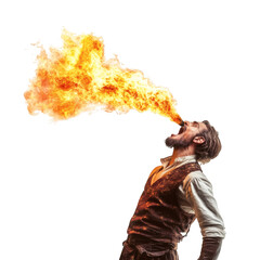 A Fire Breath Flame from a Circus Performer Isolated on Transparent Background