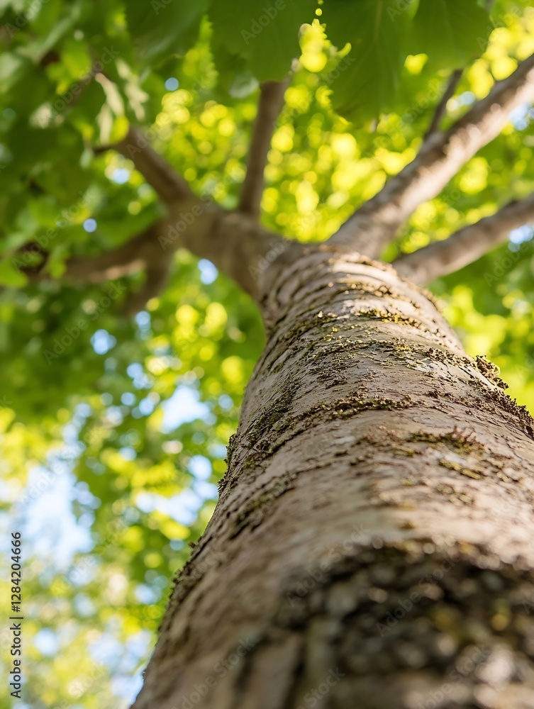 Poster CloseUp View of a Tall Tree Trunk with Lush Green Leaves Illuminated by Bright Sunlight Creating a Serene Atmosphere : Generative AI