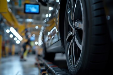 A focused shot capturing a car wheel in an automotive workshop, emphasizing precision and quality workmanship in vehicle maintenance and repair.