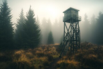 Misty Forest Scene with Lookout Tower Surrounded by Trees