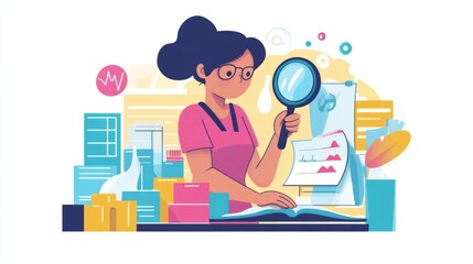 Fototapeta premium Young Woman Scientist Carefully Examining Documents with Magnifying Glass in a Colorful Pixel Art Laboratory Setting