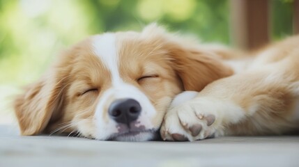 Adorable golden puppy sleeping peacefully on a wooden deck surrounded by nature : Generative AI